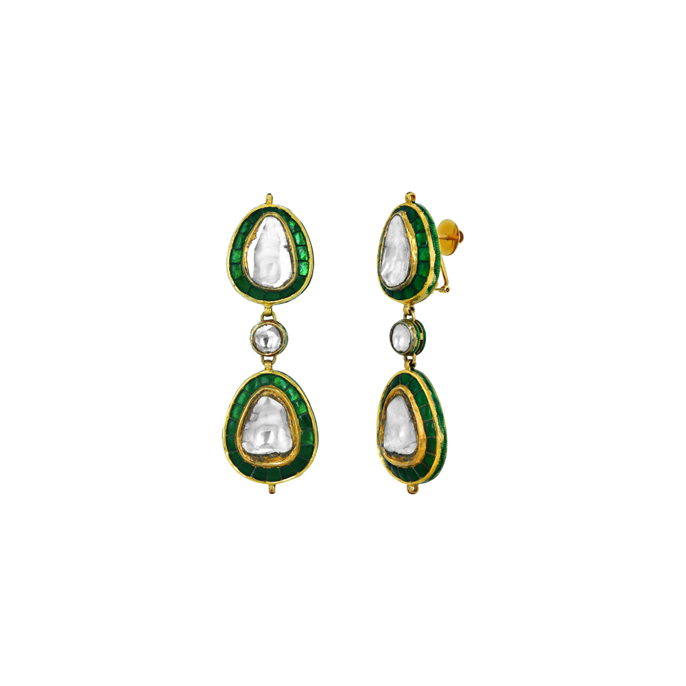 Double-Drop Polki Earrings with Green Chuddi Work